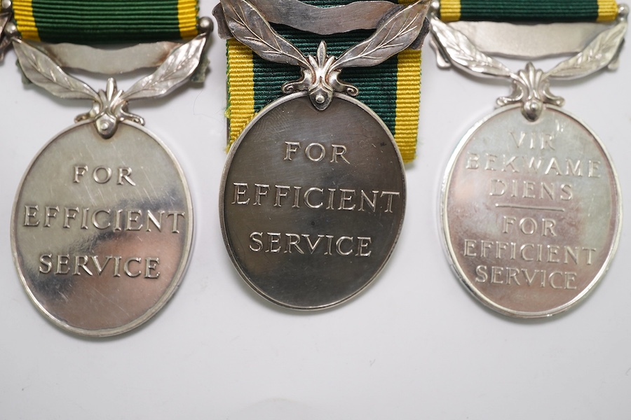 Six assorted Efficiency medals; GV (C) India to Pte.F.S.Slee,1 E.I.RY.R.,A.F.I.;GV (A) Territorial to 477046 Sjt H.W.Pawley, R.A.M.C.; GVI Militia to 2313197 Sclmn.S.H.Dummer, R.Signals.; GVI Territorial to 1434970 Gnr C